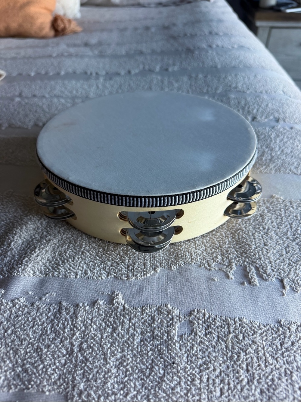 Cream Handheld Tambourine with Silver Jingles - Brand: